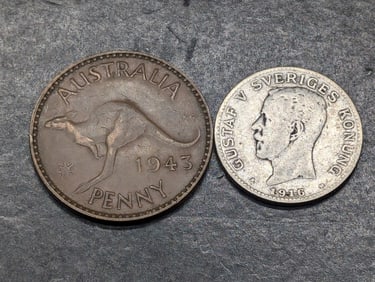 1943 Australia Penny & 1916/5-W Sweden 1 Silver Krone (KM-786.1)