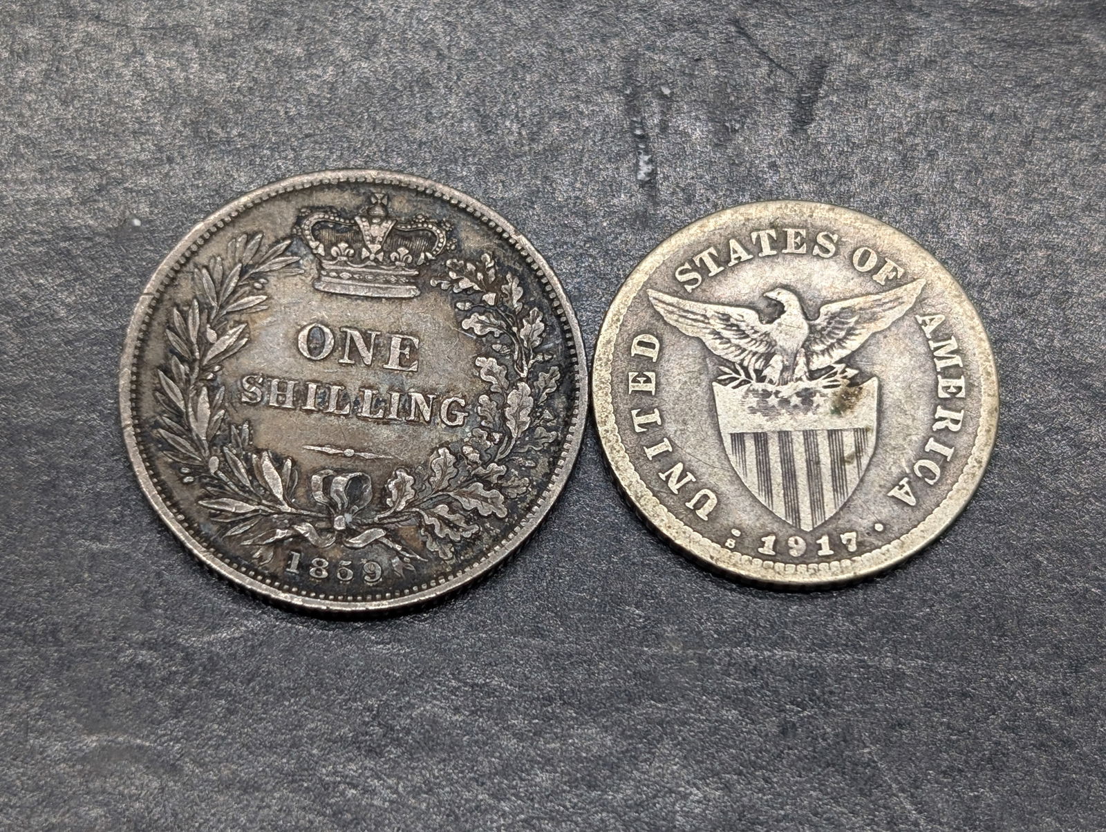 *RARE* 1859 Great Britain 1 Silver Shilling & 1917-S Philippines 20 Silver Centavos (1 of 2)