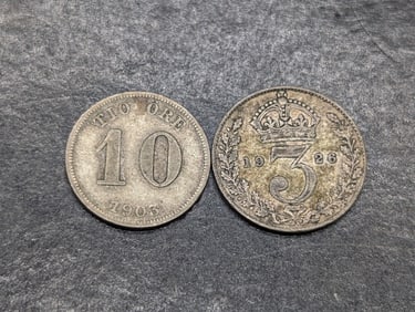 1903-EB Sweden 10 Silver Ore & 1926 Great Britain 3 Silver Pence