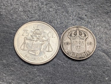 1950 Mexico 25 Silver Centavos & 1910-W Sweden 25 Silver Ore w/ Large Cross