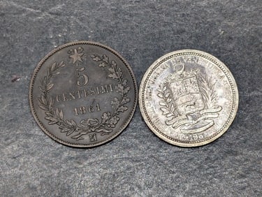 1965 South American 1 Silver Bolivar & 1861-M Italy 5 Centesimi