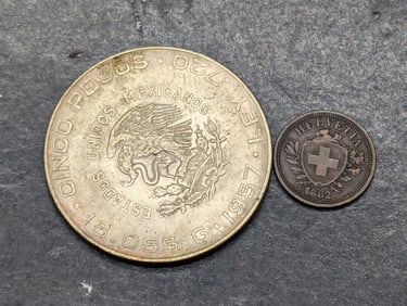 1957 Mexico 5 Silver Pesos & 1882-B Switzerland 1 Rappen