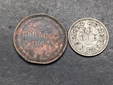1881-EB Sweden 50 Silver Ore & 1862 Soviet 2 Kopeks