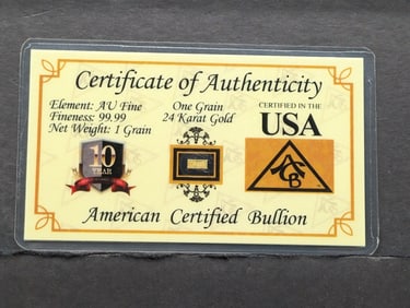 1 Grain .999 FINE 24k GOLD Miniature Bar in Display Card w/ COA