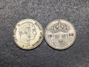 1933-G Sweden 10 Silver Ore & *RARE* 1875-CS Denmark 10 Silver Ore