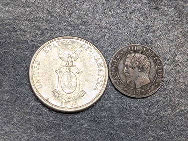 1853-B France 1 Centime & 1944-D Philippines 20 Silver Centavos