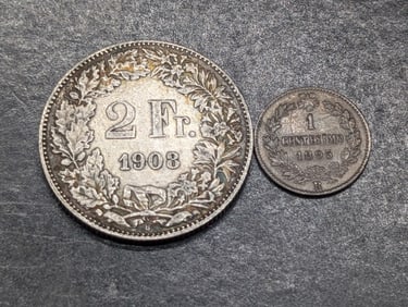 1908 Switzerland 2 Silver Francs & 1895-R Italy 1 Centesimo