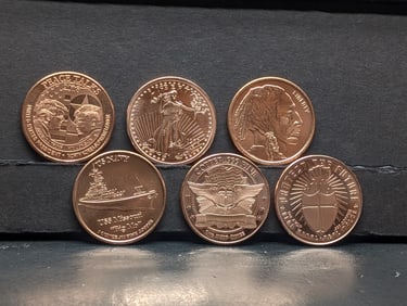 1 Oz. Each .999 FINE COPPER Various Designed Rounds (6 PCS)