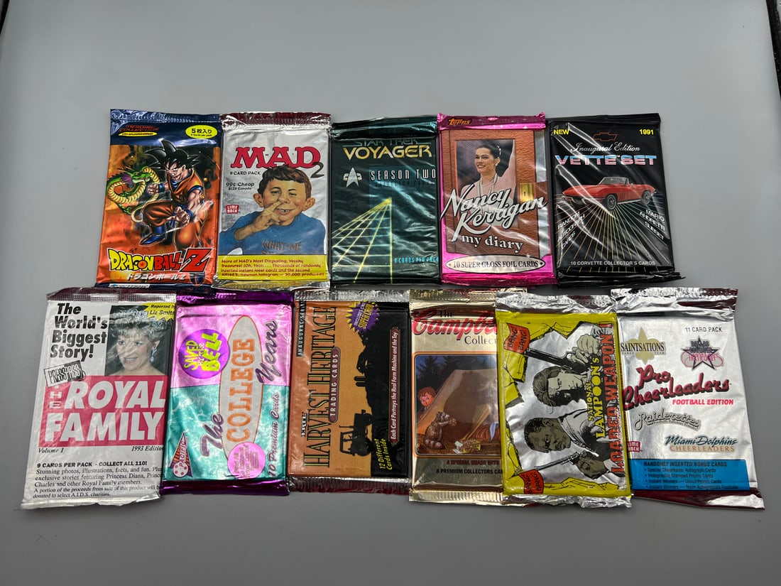 Lot of (11) Assorted Vintage Non-Sports Factory Sealed Wax Packs - Dragon Ball Z, Pro Cheerleaders,: Lot of (11) Assorted Vintage Non-Sports Factory Sealed Wax Packs - Dragon Ball Z, Pro Cheerleaders, & Star Trek