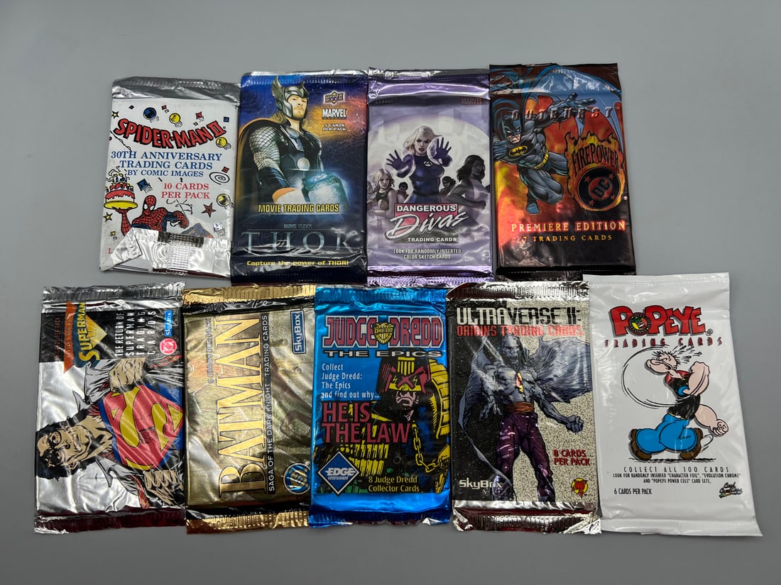 Lot of (9) Assorted Vintage Non-Sports Factory Sealed Wax Packs - Spider-Man, Thor, Batman (1 of 2)