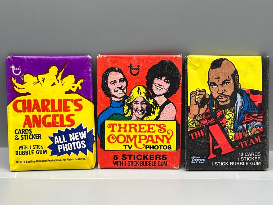 1977 Topps Charlie's Angels, 1978 Topps Three's Company, & 1983 Topps The A-Team Factory Sealed Wax (1 of 2)