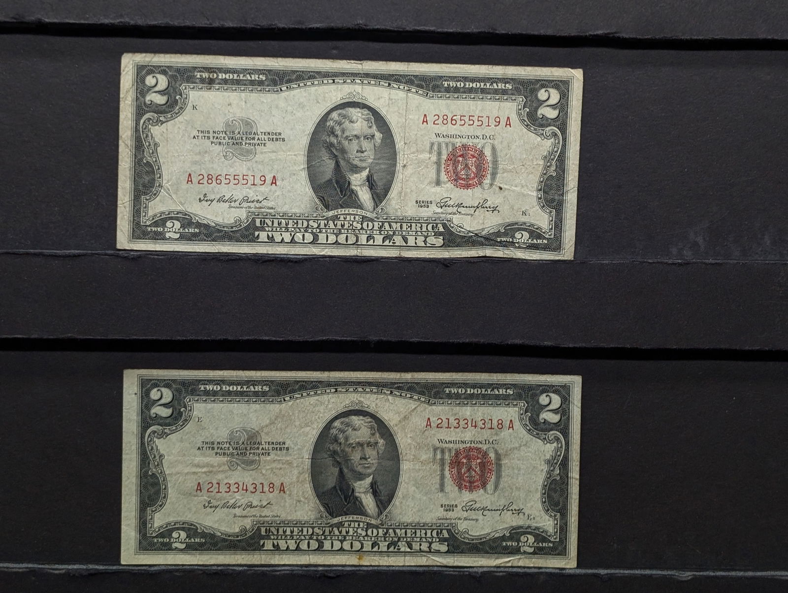 (2) 1953 Two Dollar Red Seal Notes (1 of 6)