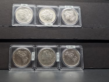 SIX – 1921 Morgan Silver Dollars, 2-P, 2-D, 2-S, each have 90% Silver