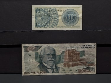 1985 Mexico 2000 Peso Note & 1964 Indonesia 10 Sen