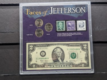 Faces of Jefferson, 2 – Commemorative Nickels and 1 - $2.00 Bill