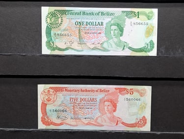 1980 Five Dollar Belize Note & 1986 One Dollar Belize Note