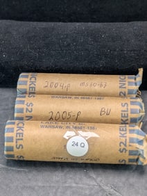 (2) Rolls 2005-P Jefferson Nickels Bison, Ocean in View and (1) Roll 2004-P Keel Boat