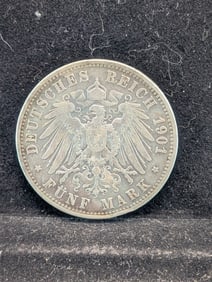 1901A Prussian 5 Mark Coin, Silver Low mintage