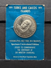 1974 Turks And Caicos Sterling Silver 20 Crown