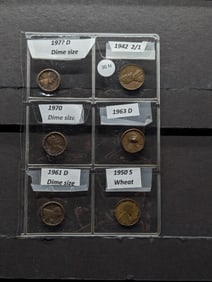 (6) Lincoln Cents 197? Dime size, 1970 Dime Size, 1961-D Dime Size, 1942 2/1. 1963-D Dime Size,