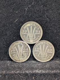 1949, 1951, 1964 (50% Silver, UNC) Australian Three Pence, 51+ Years Old!