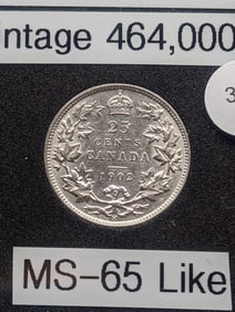 1902-H Canada 92.5% Silver 25 Cent, Rare Tough Date, MS-65 Like Mintage 464,000