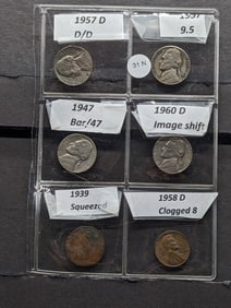 (4) Jefferson Nickels 1957-D D/D, 1947 Bar/47, 1957 9.5, 1960-D Image Shift. 1939 Squeezed Cent,