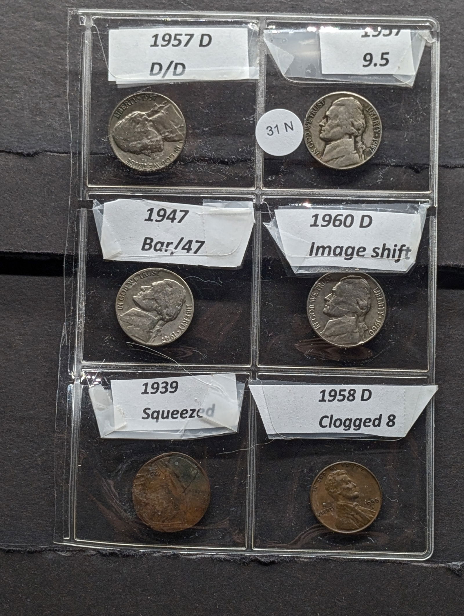 (4) Jefferson Nickels 1957-D D/D, 1947 Bar/47, 1957 9.5, 1960-D Image Shift. 1939 Squeezed Cent, (1 of 8)