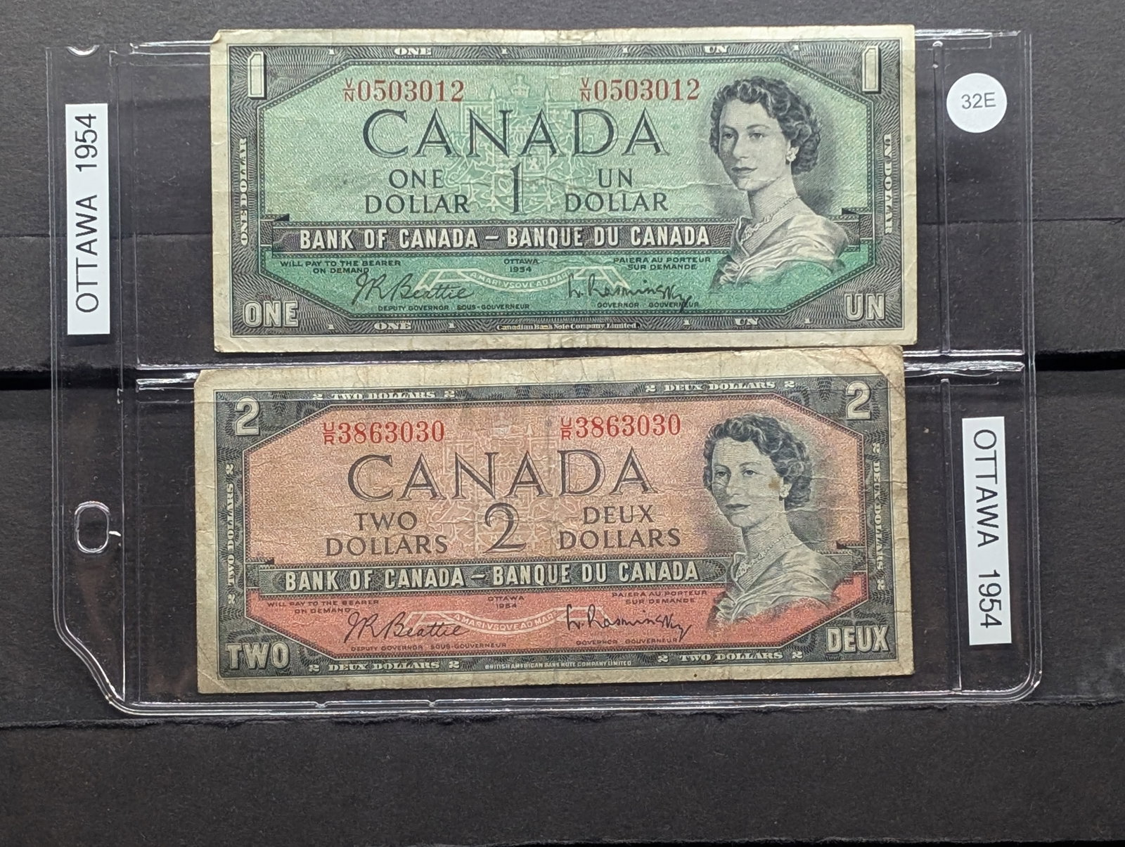 1954 OTTAWA $1.00 and $2.00 Bills: 1954 OTTAWA $1.00 and $2.00 Bills