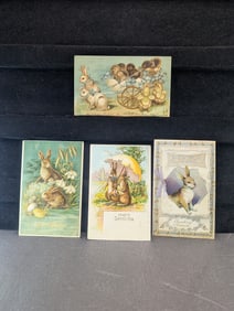 Four Vintage Easter Postcards Featuring Rabbits