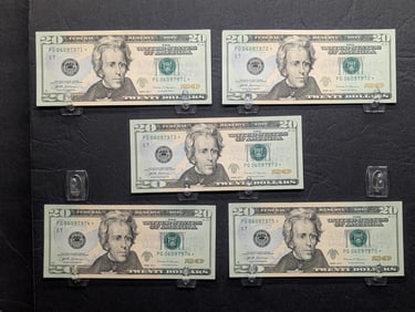 (5) Consecutive Green Seal $20 Star Replacement Notes UNC