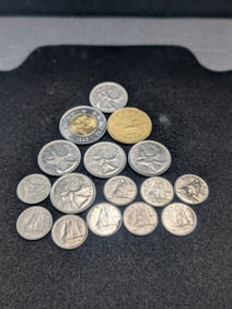 Mixed Lot of Canada Coinage (9) Dimes, (5) Quarters, One Dollar, Two Dollar