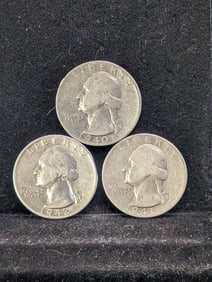 3 Consecutive, 90% Silver, (1940 S, 1941 P, 1942 S-WWII ERA, High Grade) Washington Quarters, Over