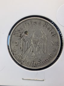 1934-J Germany 5 Reichsmark with Historical Symbols .900 Silver, Punch Mark