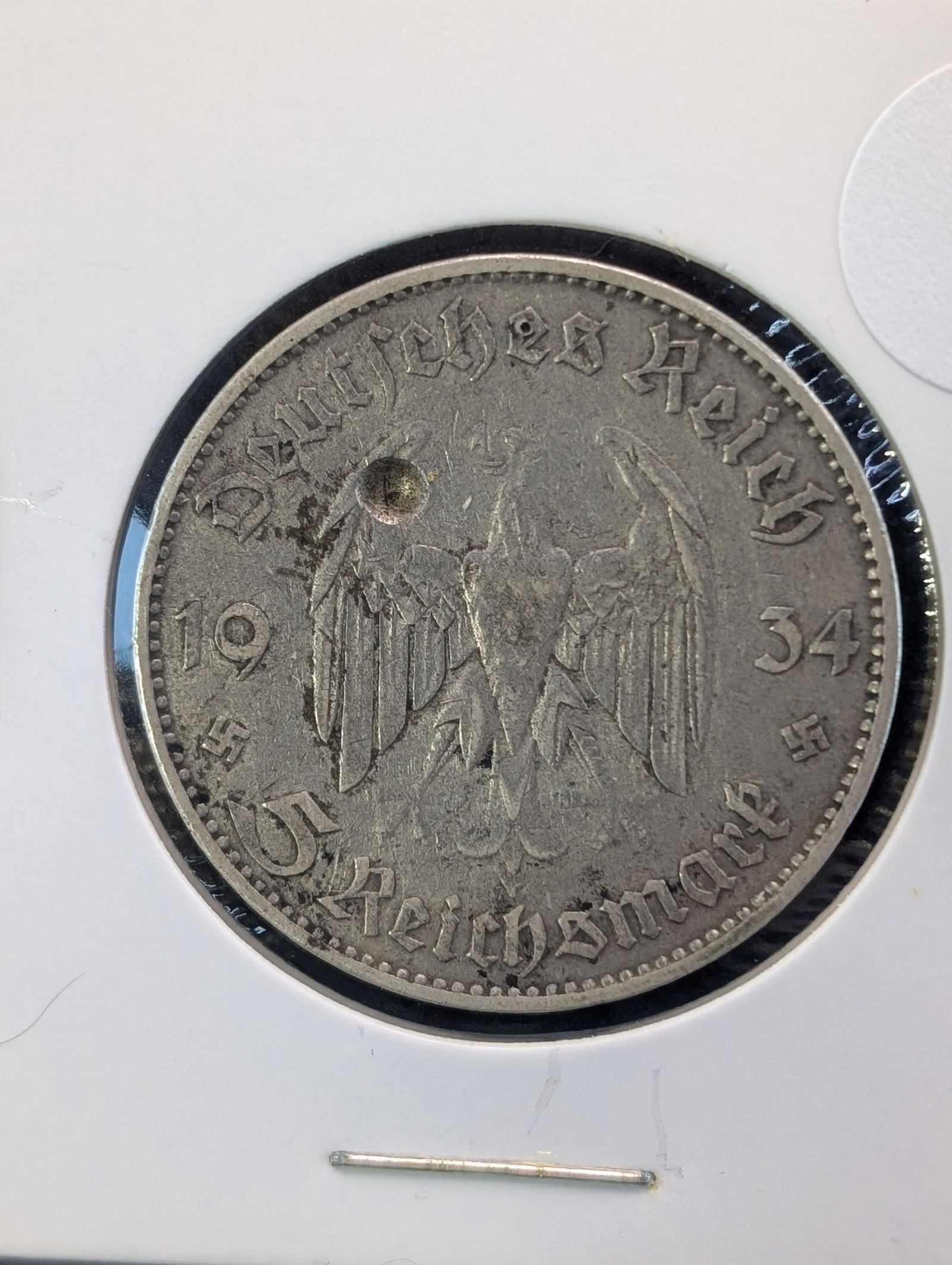 1934-J Germany 5 Reichsmark with Historical Symbols .900 Silver, Punch Mark (1 of 2)