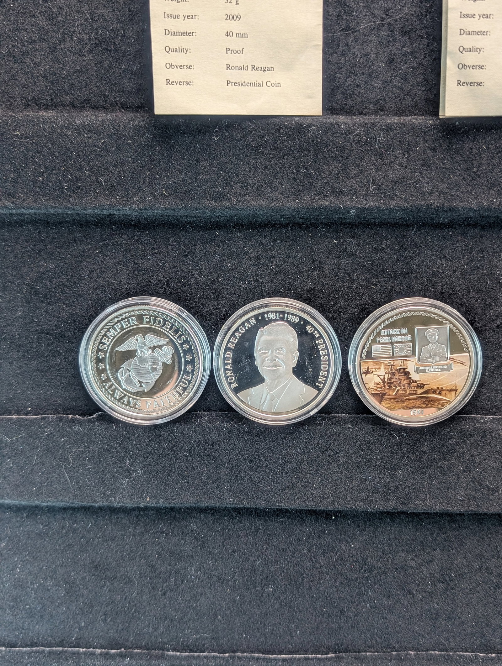 (3) Silver Plated Commemoratives, Marine Corps, Ronald Reagan, and Pearl Harbor: (3) Silver Plated Commemoratives, Marine Corps, Ronald Reagan, and Pearl Harbor