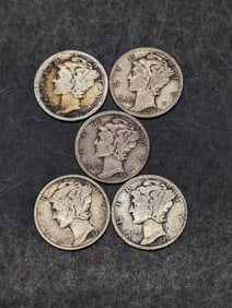 (5) Mercury Dimes 1920-D, 1923-P, 1924-S, 1927-S, 1929-P
