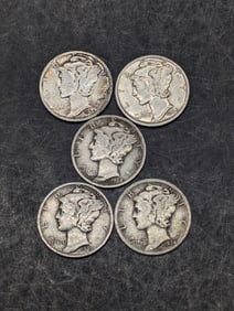 (5) Mercury Dimes 1934-D, 1935-D, 1936-D, 1938-S, 1939-P