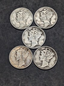 (5) Mercury Dimes 1940-P&S, 1942-D&S, 1941-P