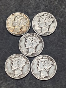 (5) Mercury Dimes 1944P&S, 1945 P&S, 1943-D