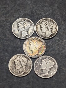 (5) Mercury Dimes 1920-D, 1924-S, 1927-S, 1929-P, 1942-S