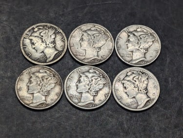 (6) Mercury Dimes (2) 1920-D , 1929-P, 1942-S, (2) 1945-P