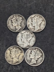 (5) Mercury Dimes (2) 1920-D, 1929-P, (2) 1942-S