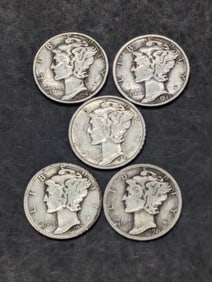 (5) Mercury Dimes (2) 1920-D, 1944-P, 1943-P, 1945-P