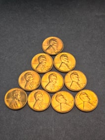 Ten Red Brilliant Uncirculated 1938-S Lincoln Head Wheat Cents.