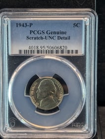 1943-P Jefferson Nickel PCGS Genuine Scratch UNC Detail