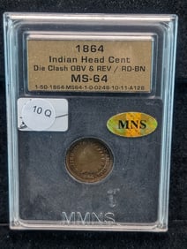 1864 Indian Head Cent Slabbed By MNS Red /Brown Die Crack on Obverse and Reverse