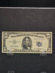 1953-A $5 Blue Seal United States Silver Certificate. Bust Of Abraham Lincoln.