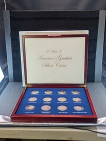 (12) Replica Coins In Cherry Wood Case Best Coins of America BU/Proof