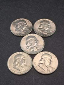 1954 1955 1956 1957 1958 Uncirculated U.S. Franklin Silver Half Dollars.